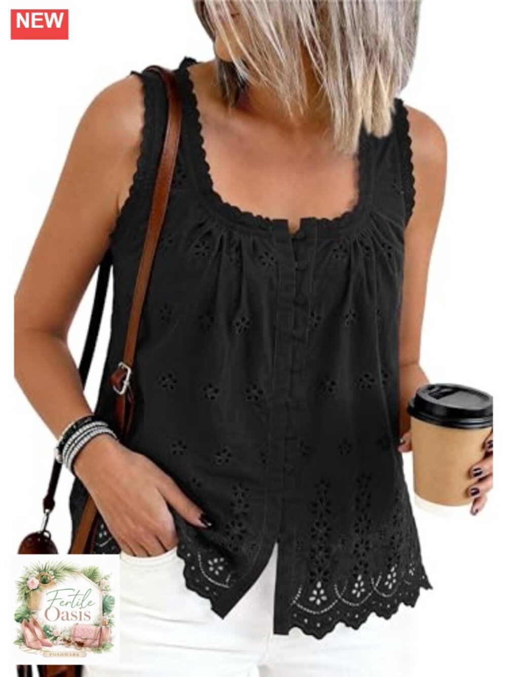 Women's Cotton Eyelet Lace Tank Top Square Neck Sleeveless Summer Blouse